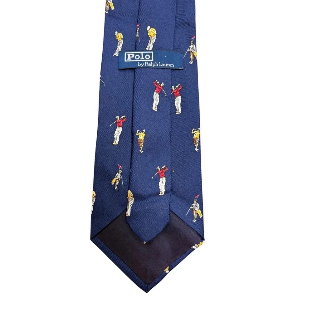 Polo Ralph Lauren Mens Navy Blue Silk Tie Golfer Golf Motif Embroidered Preppy